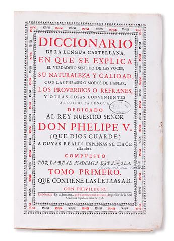 REAL ACADEMIA ESPAÑOLA. Diccionario de la Lengua Española.  6 vols.  1726-39